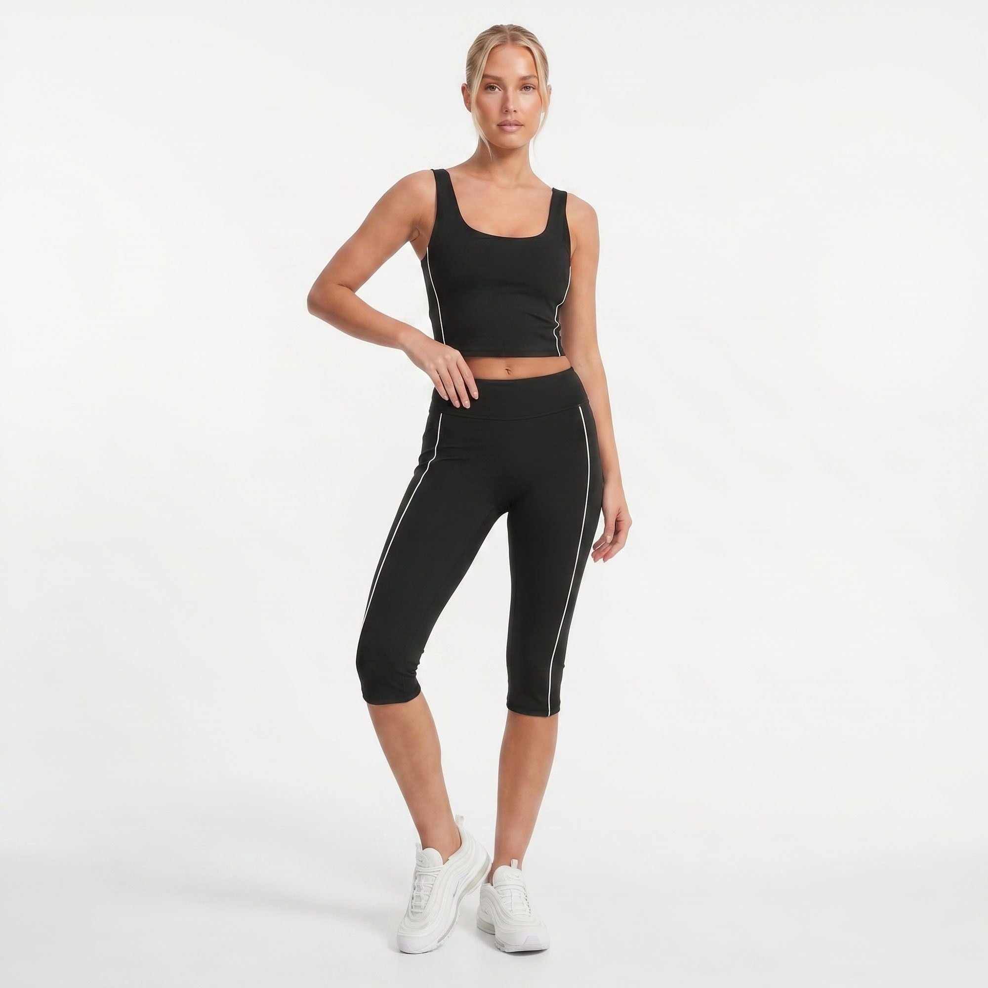 High Waist Side Stripe Capri Leggings Wide Waistband Cropped Workout Yoga Pants