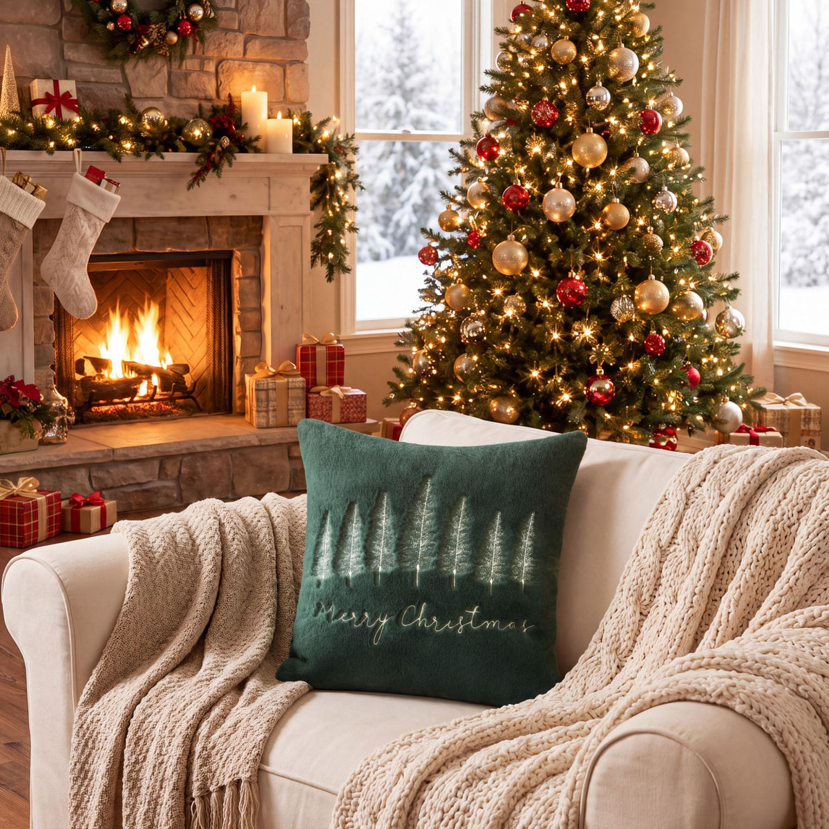 Christmas Tree Embroidered Plush Throw Pillow Cover Merry Christmas Decor