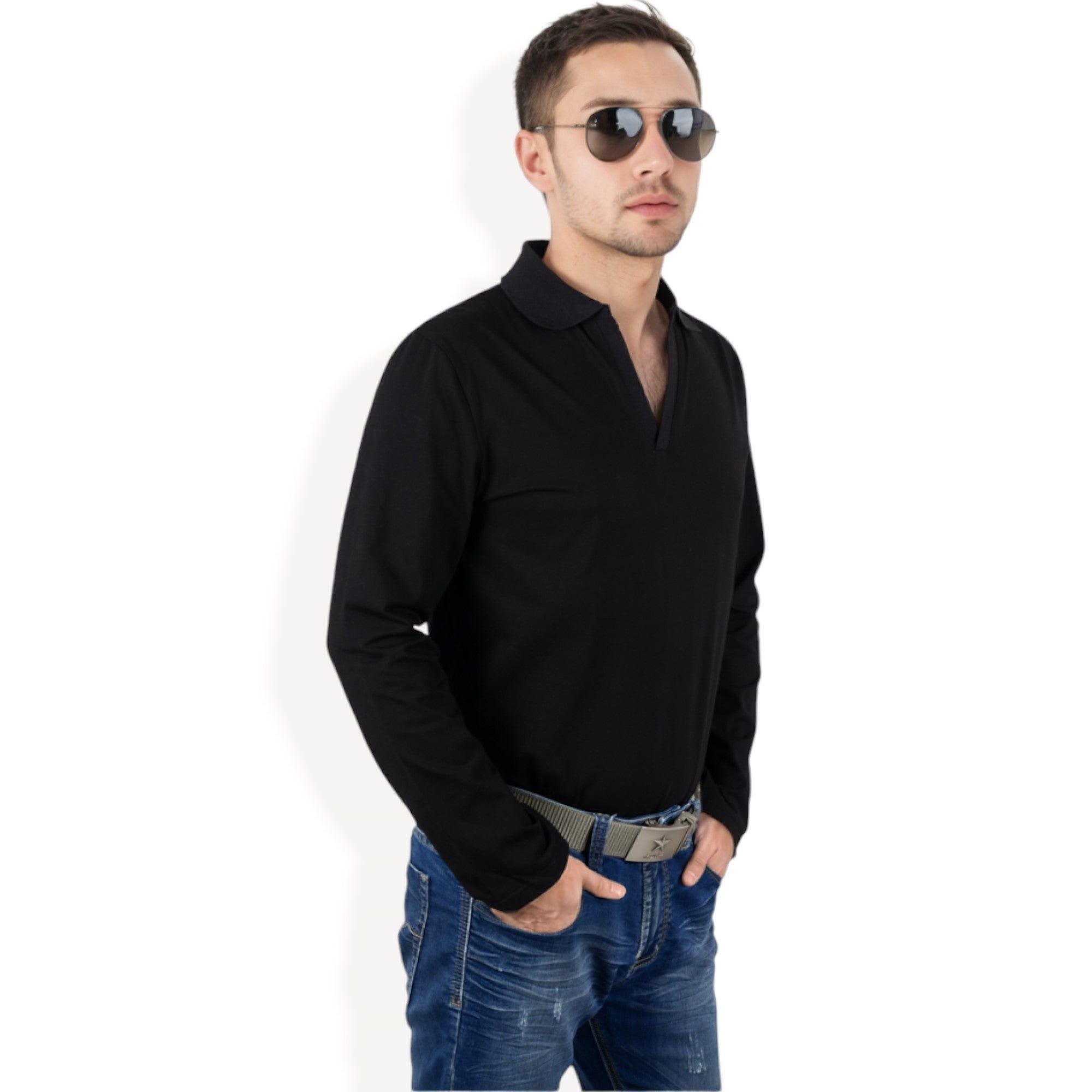 Anna-Kaci Men's Long Sleeve Polo Shirt with Spread Collar and Relaxed Fit