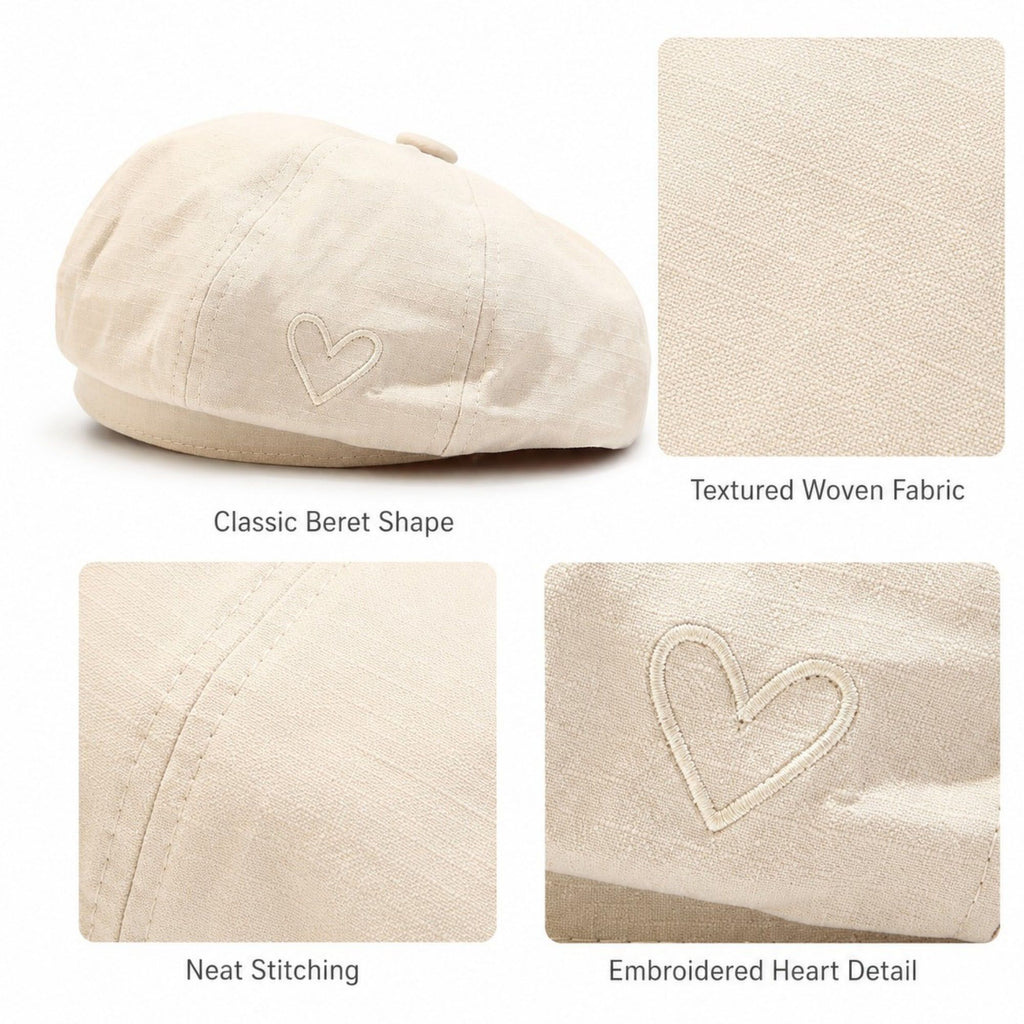 Heart Embroidered Newsboy Cap Textured Baker Boy Hat