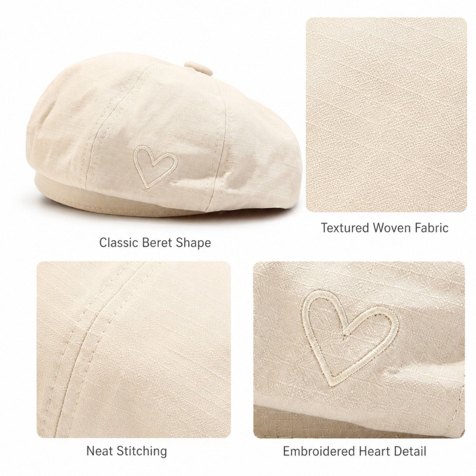Heart Embroidered Newsboy Cap Textured Baker Boy Hat