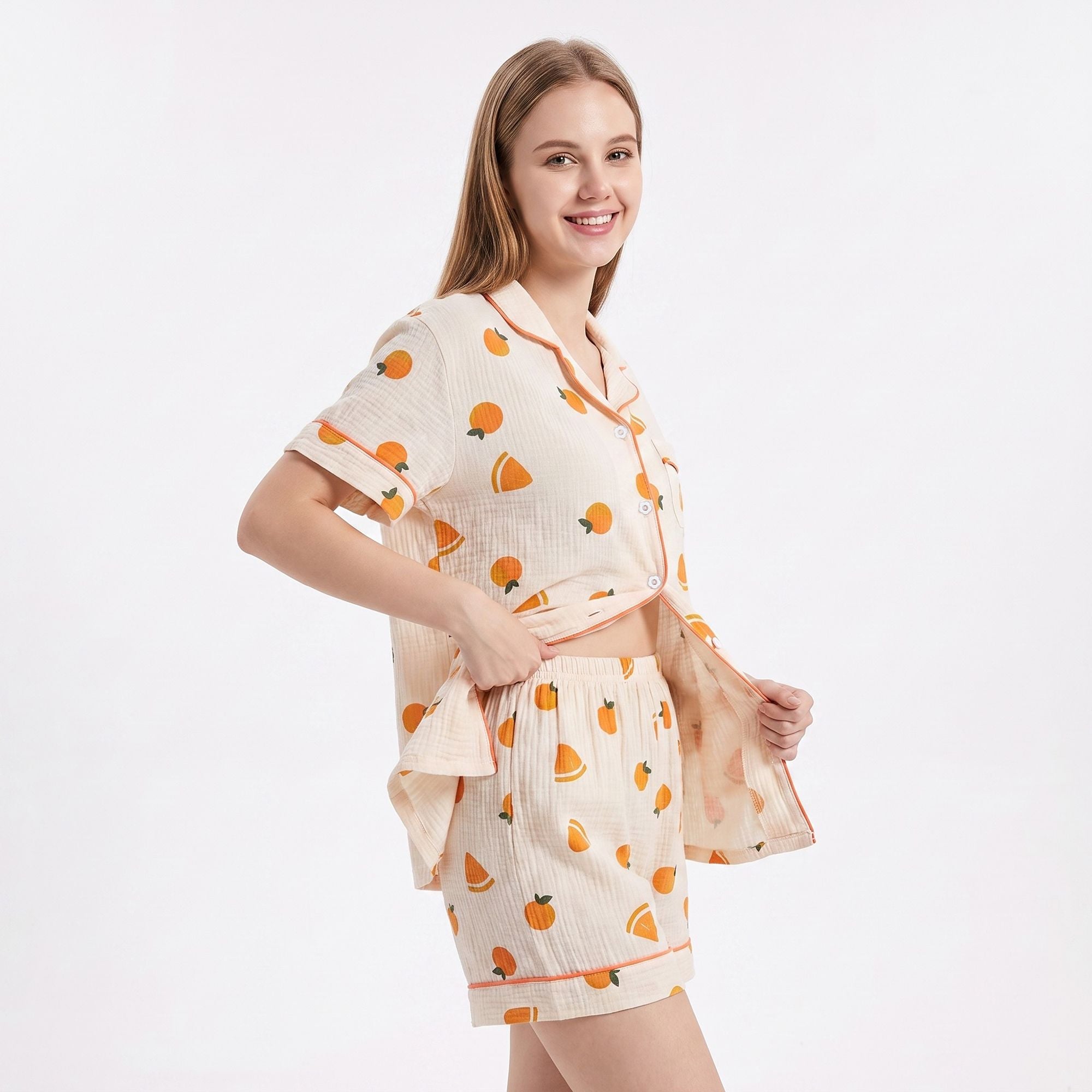 2-Piece Set Fruit Print Button Front Pajama Top and Relaxed Pants Sleepwear