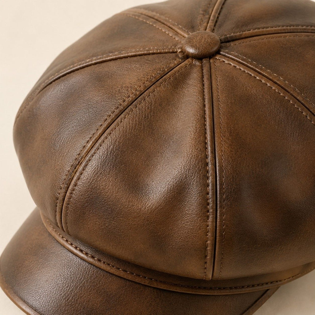 Faux Leather Newsboy Cap Vintage Eight Panel Baker Boy Hat Distressed Style