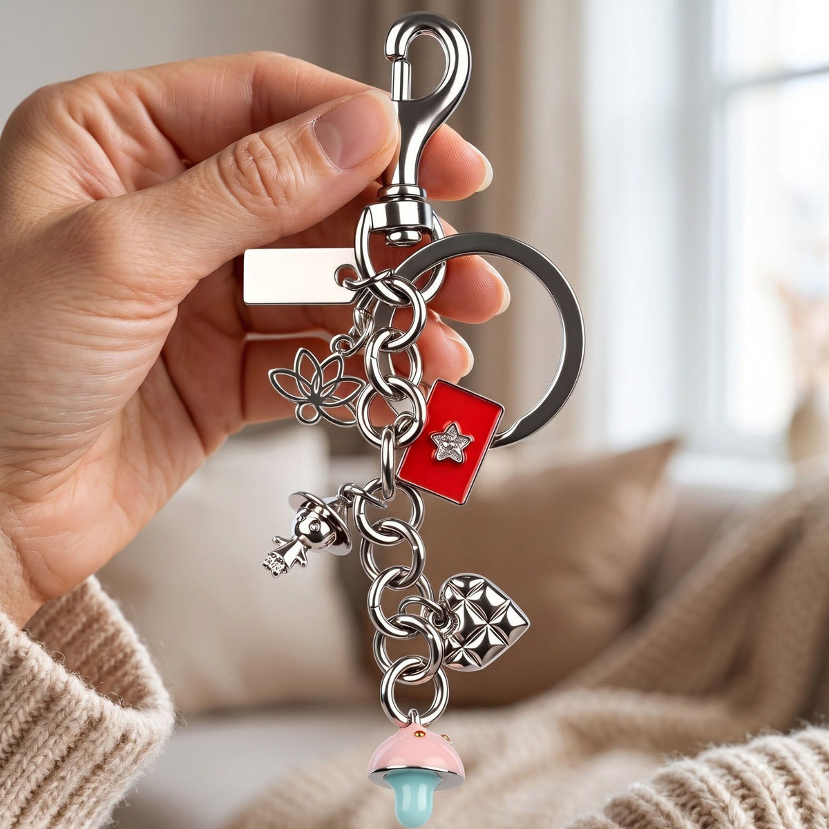 Mushroom Bag Charm Keychain with Heart and Mixed Pendants