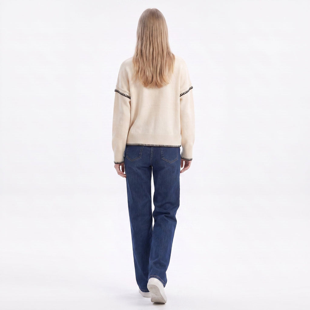 Contrast Stitch Crewneck Long Sleeve Knit Sweater
