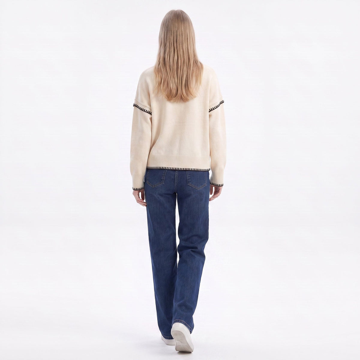 Contrast Stitch Crewneck Long Sleeve Knit Sweater