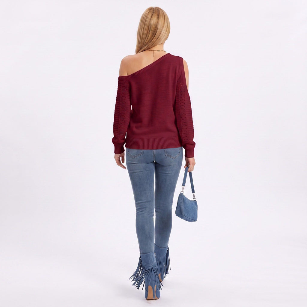 One Shoulder Cold Shoulder Pointelle Knit Long Sleeve Sweater