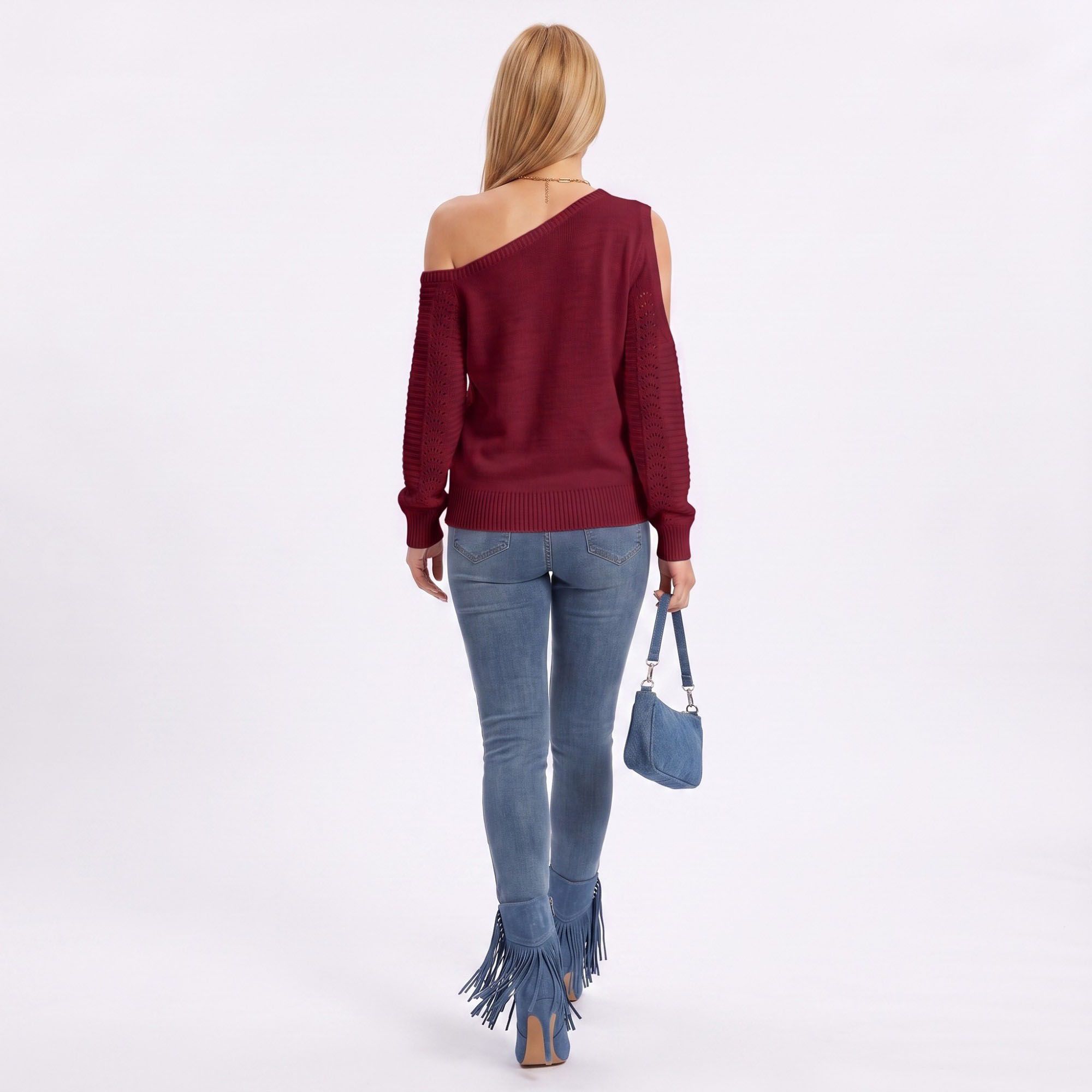 One Shoulder Cold Shoulder Pointelle Knit Long Sleeve Sweater
