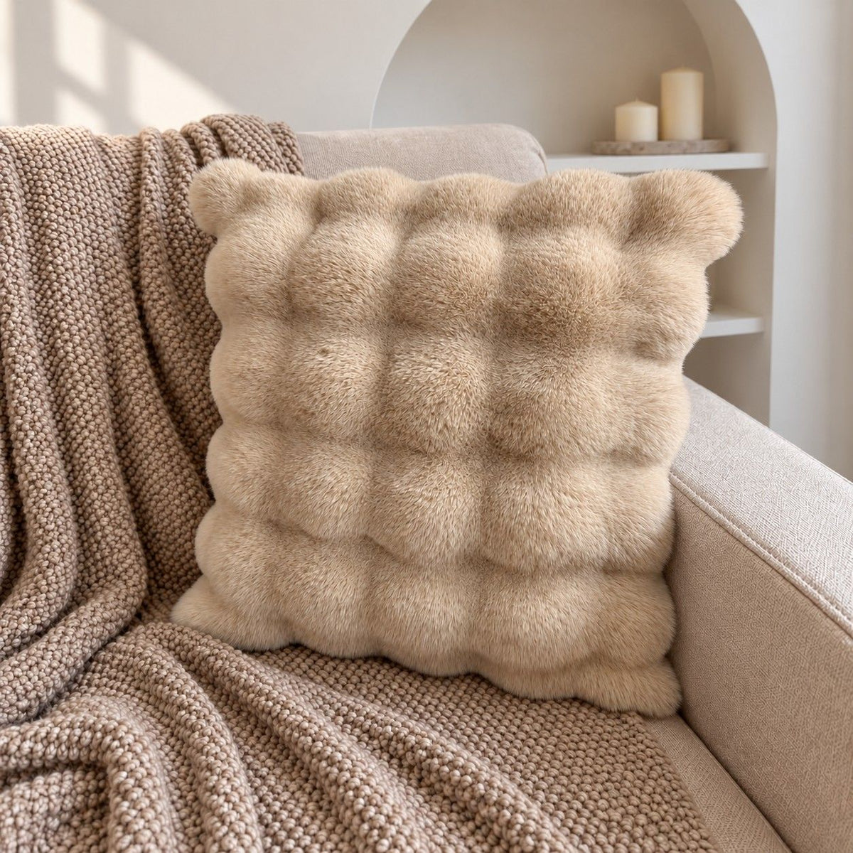 Double Sided Plush Faux Fur Throw Pillow Cover 18 x 18 Inch Bubble Texture