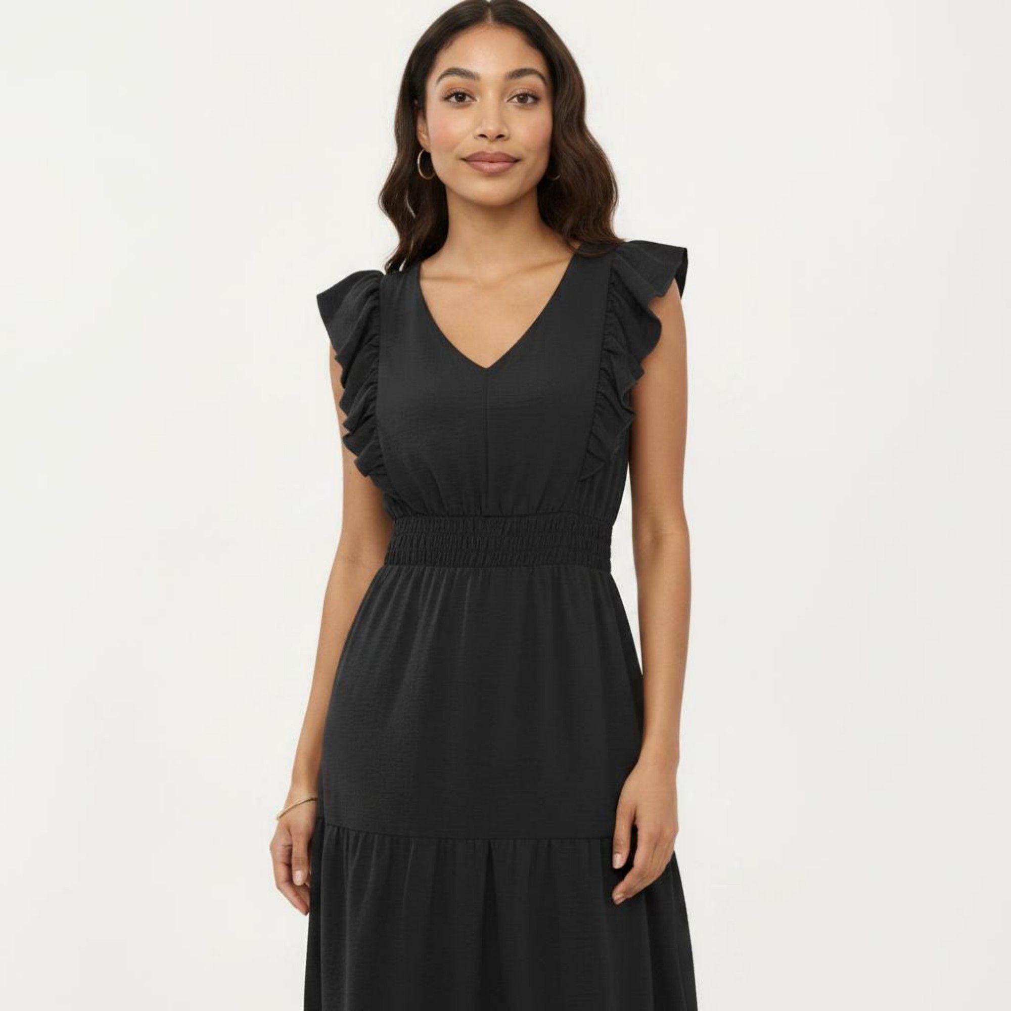Anna-Kaci Women's Tiered Midi Dress with Ruffle Sleeves and Smocked Waist