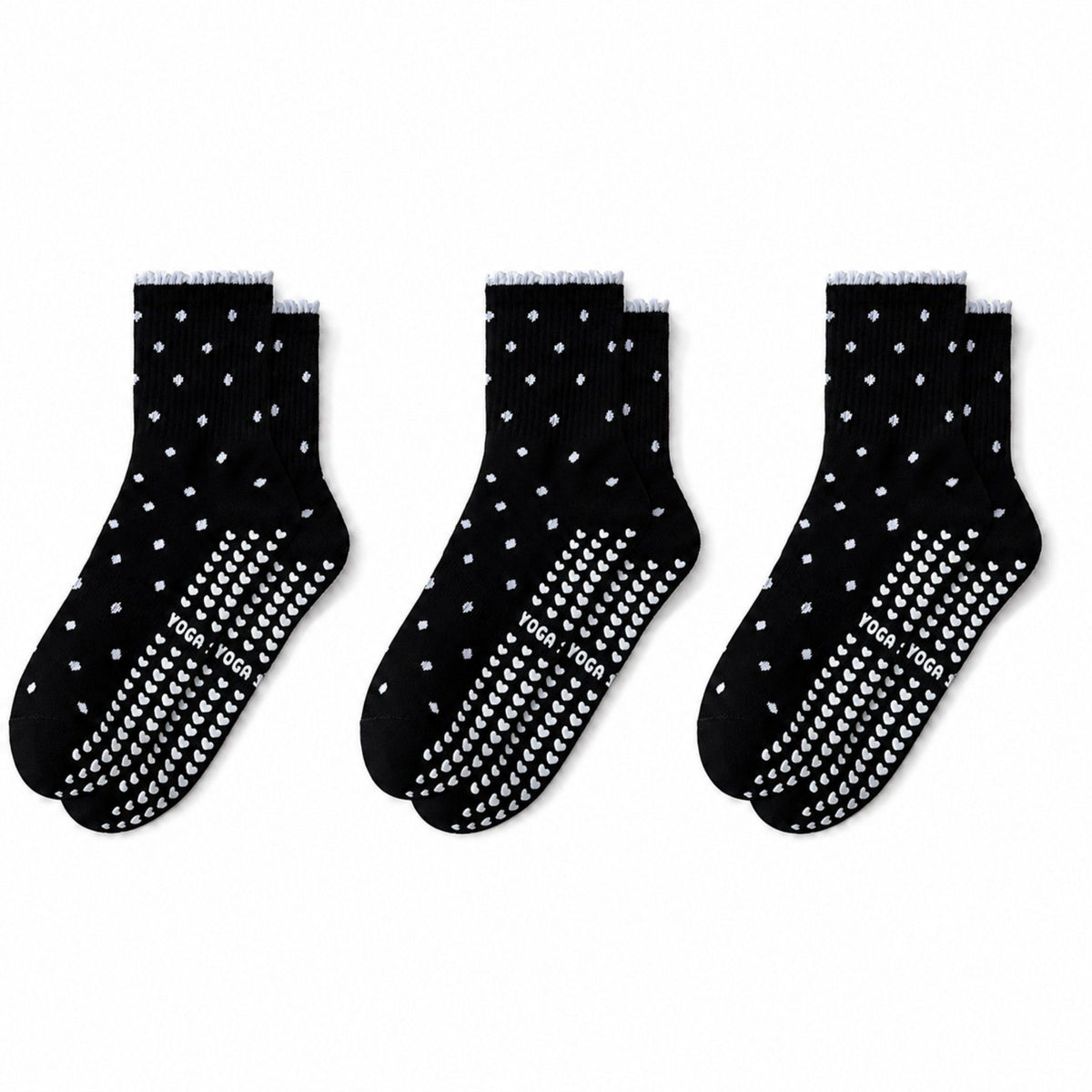 Non Slip Grip Crew Socks 3 Pair Pack Polka Dot Ruffle Cuff