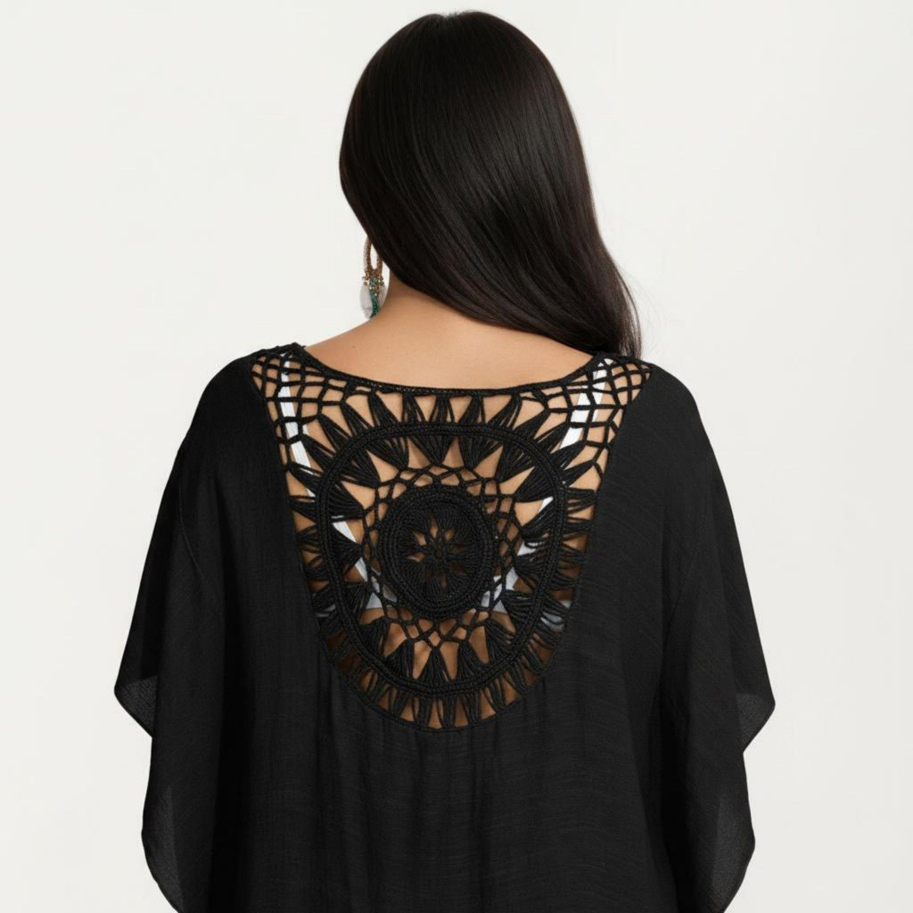 Anna-Kaci Women's Crochet Medallion Swim Cover Up Dress with Tassel Trim and Relaxed Boho Silhouette