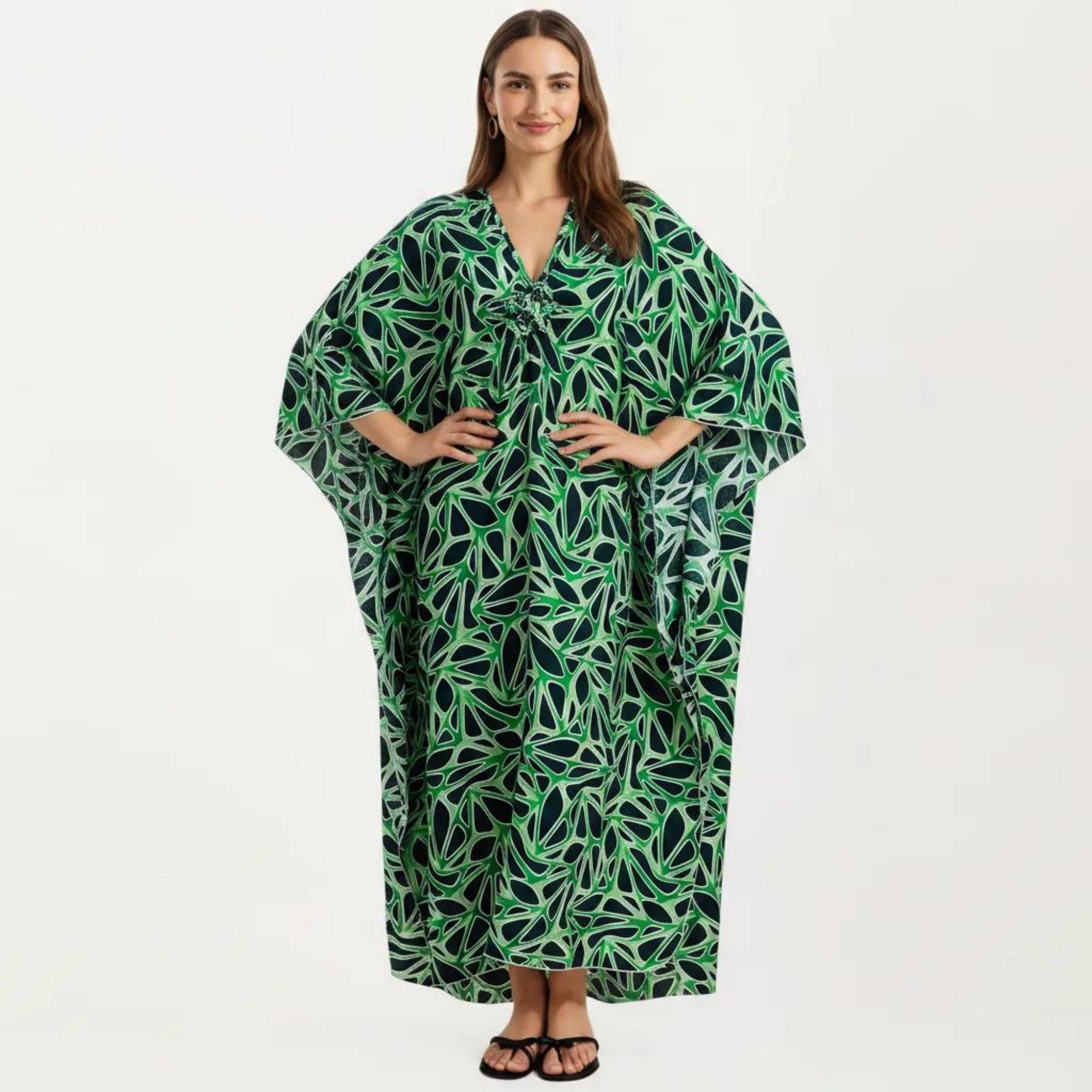 Anna-Kaci Women's Floral Print Kaftan Maxi Dress with V-Neck Button Front and Flowy Batwing Sleeves
