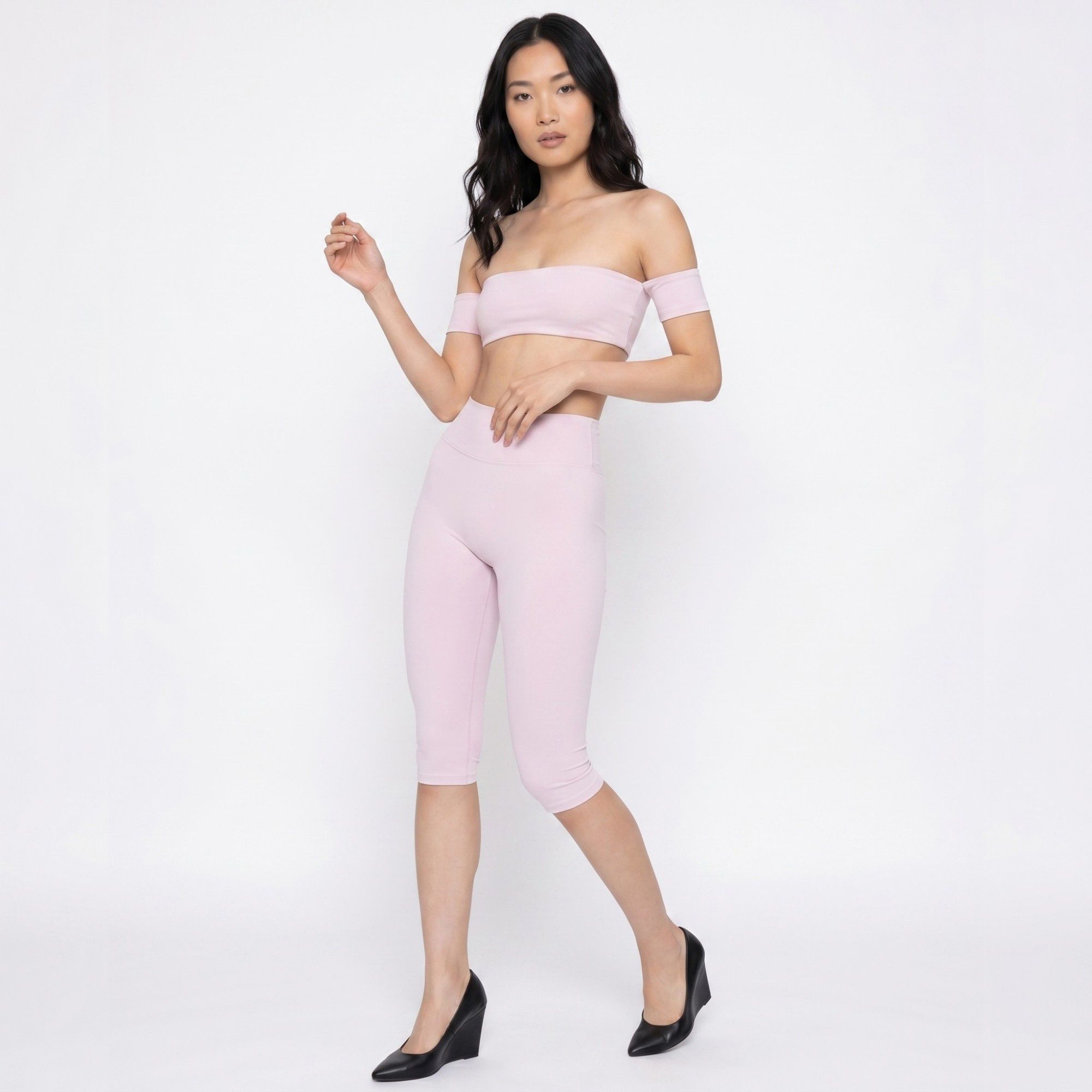 Off Shoulder Bandeau Sports Bra with Arm Strap Detail Smooth Stretch Active Top and Minimal Cropped Fit
