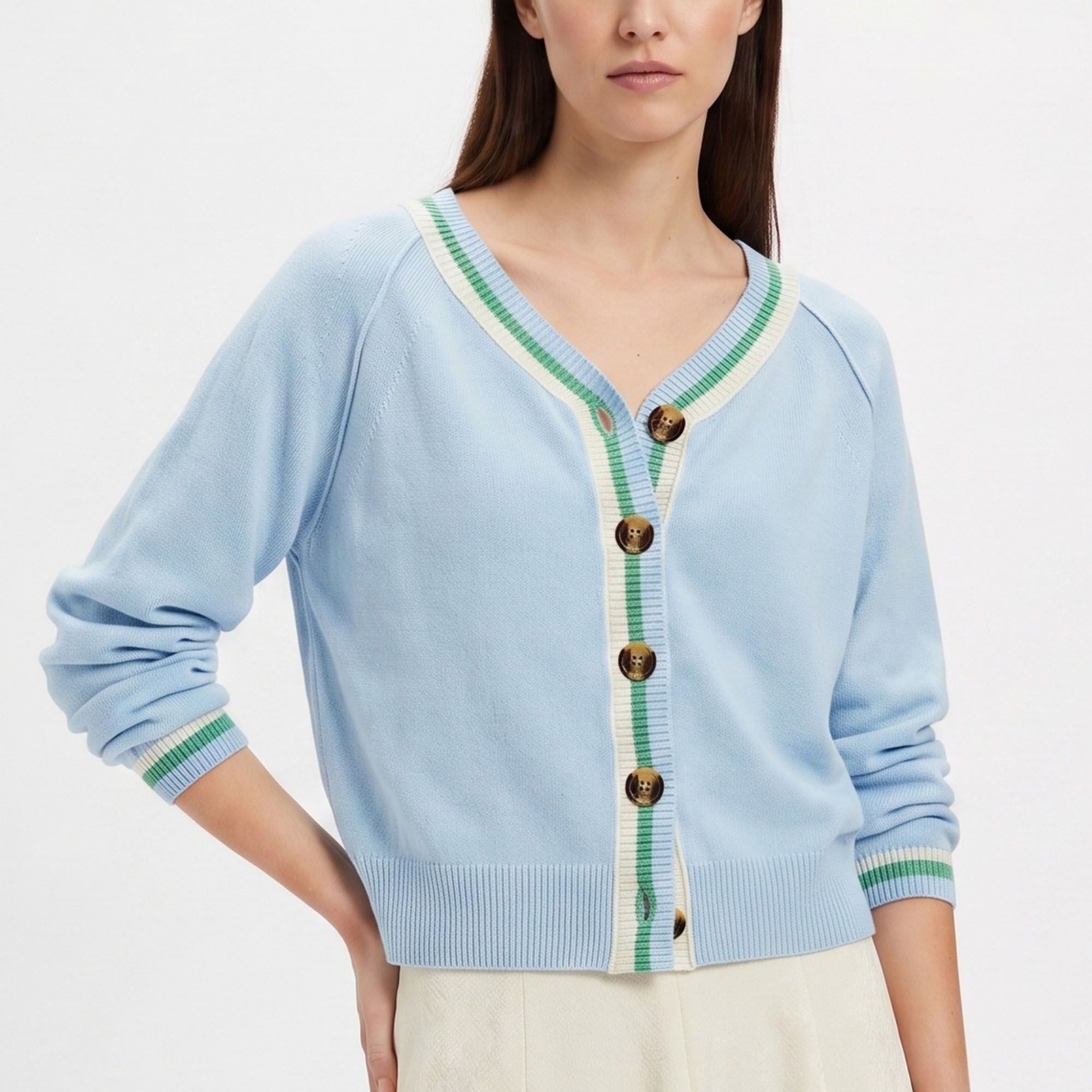 Contrast Stripe V-Neck Button-Front Knit Cardigan
