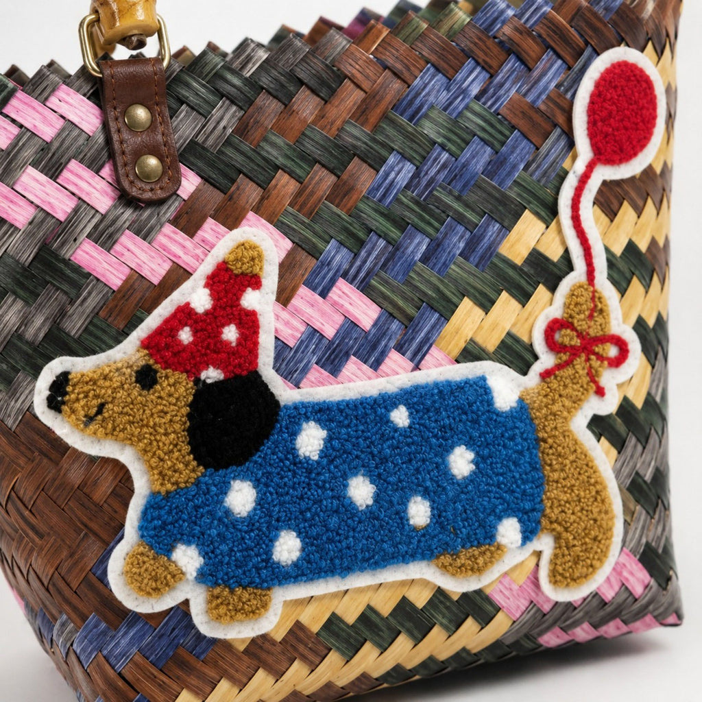 Woven Bamboo Handle Tote Handbag with Whimsical Dachshund Applique, Structured Shape and Roomy Interior