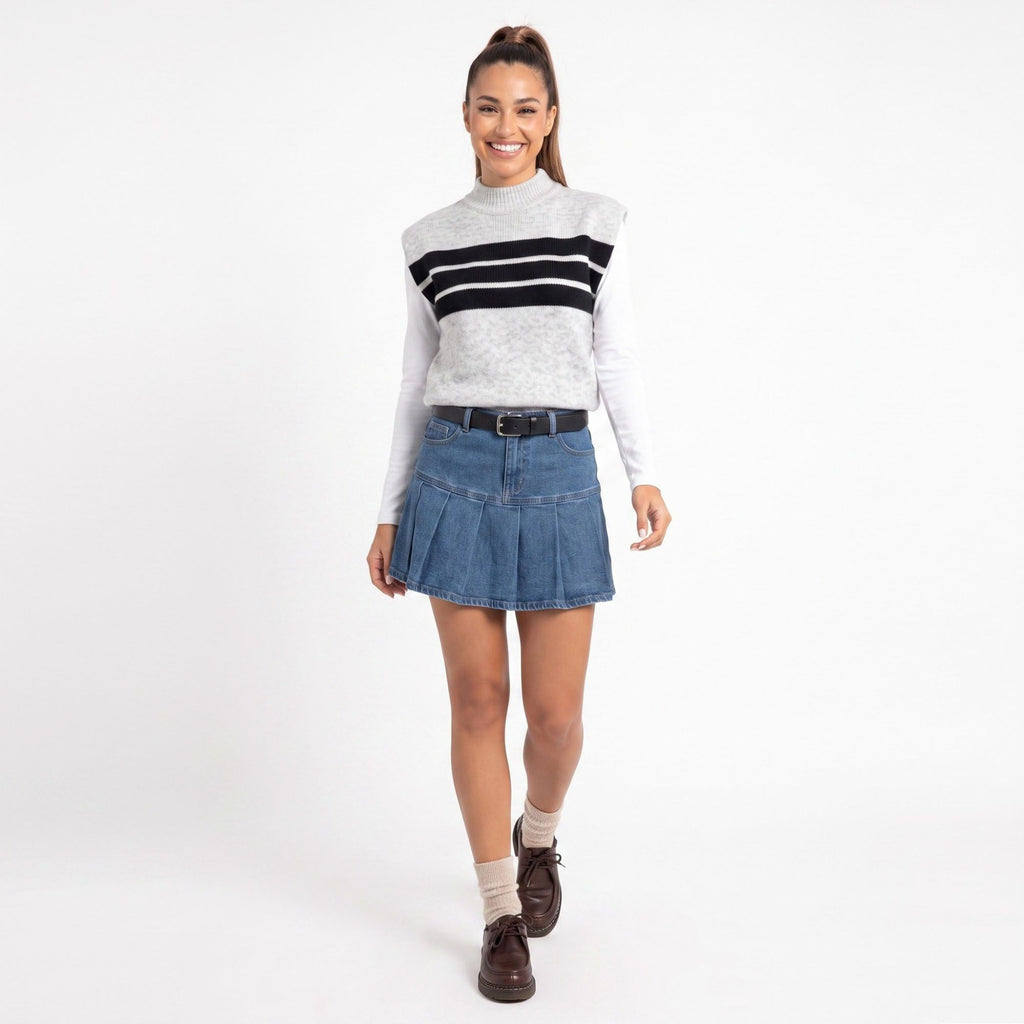 Striped Mock Neck Sleeveless Knit Sweater Vest