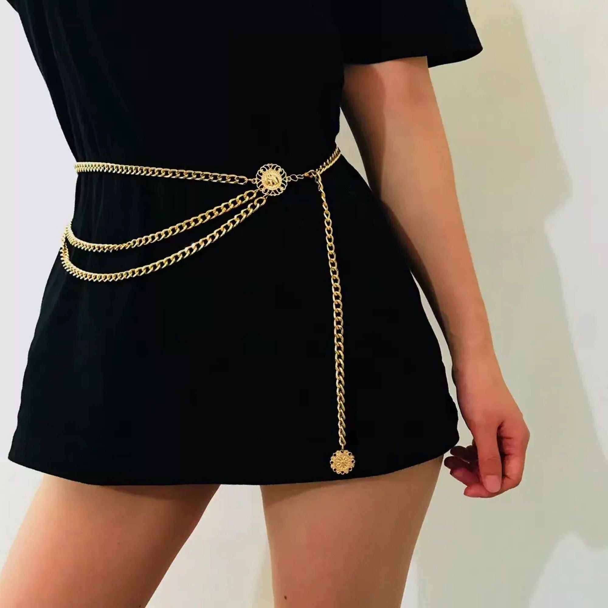Anna-Kaci Women's Layered Chain Waist Belt with Triple Draped Links and Decorative Medallion Accents for Stylish Detail 35.5in