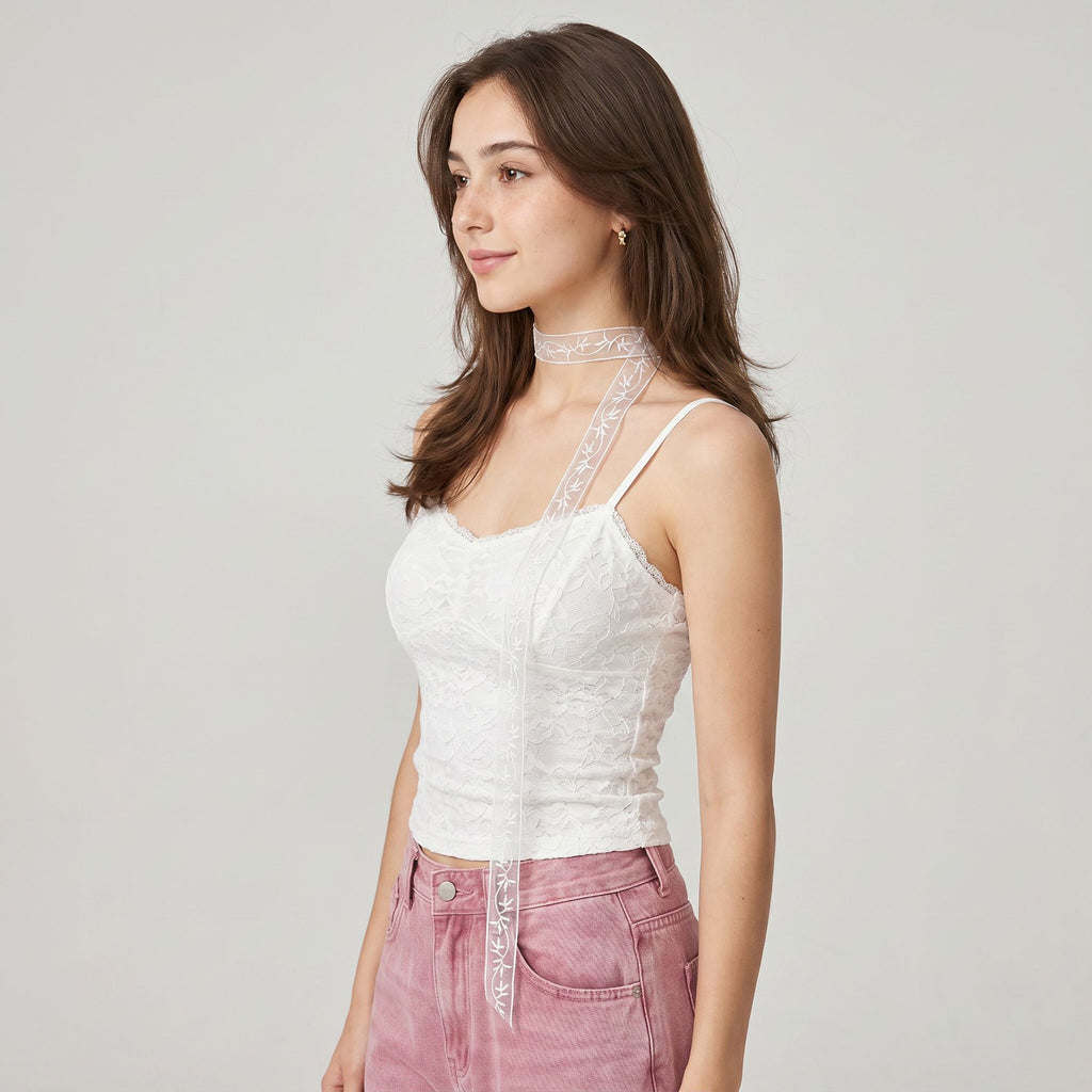 Sheer Embroidered Skinny Scarf with Vine Detail and Long Neck Tie Design