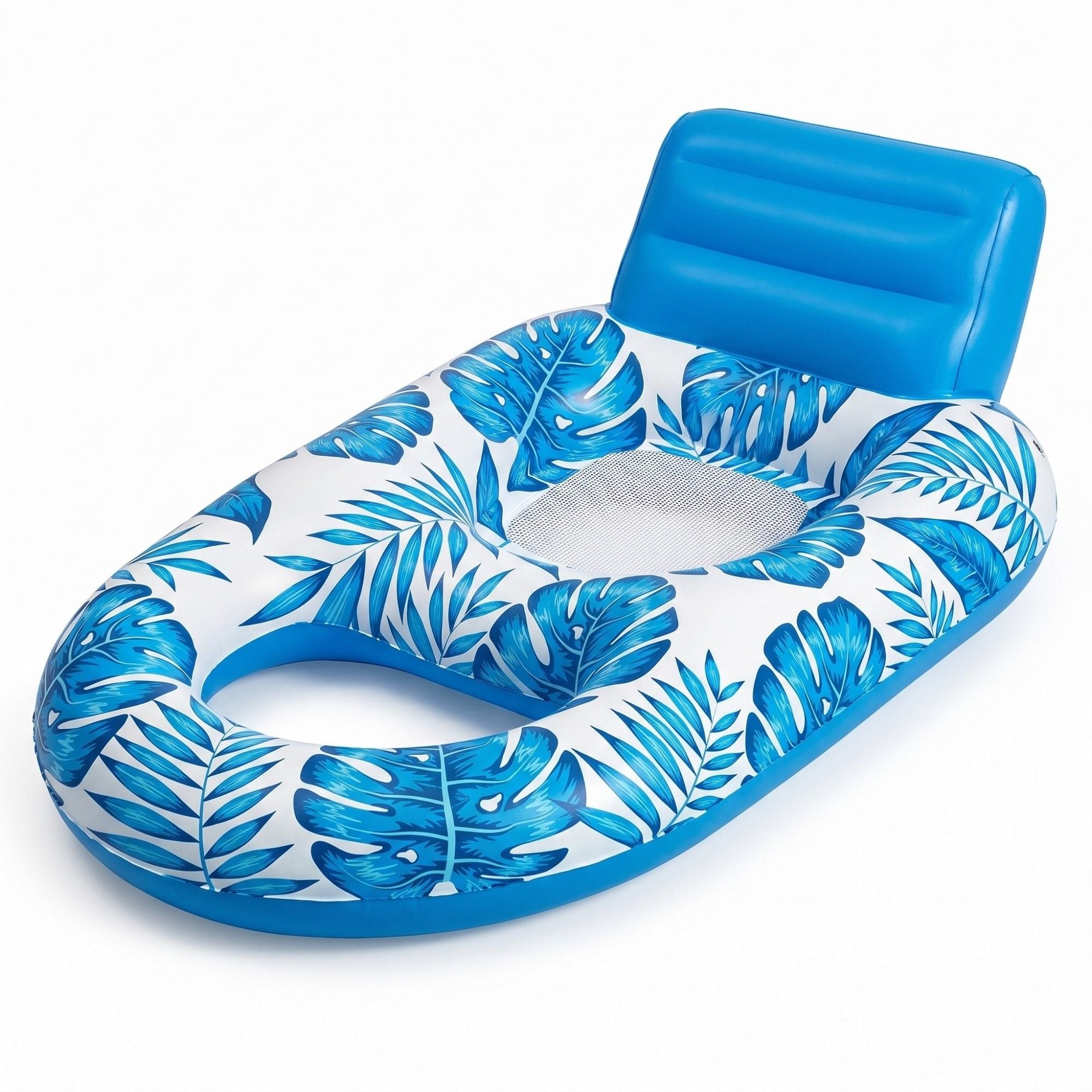 Tropical Leaf Inflatable Pool Lounge Float with Backrest Mesh Seat Cup Holder Durable PVC Float for Pool Beach Lake 63x47x27.5in