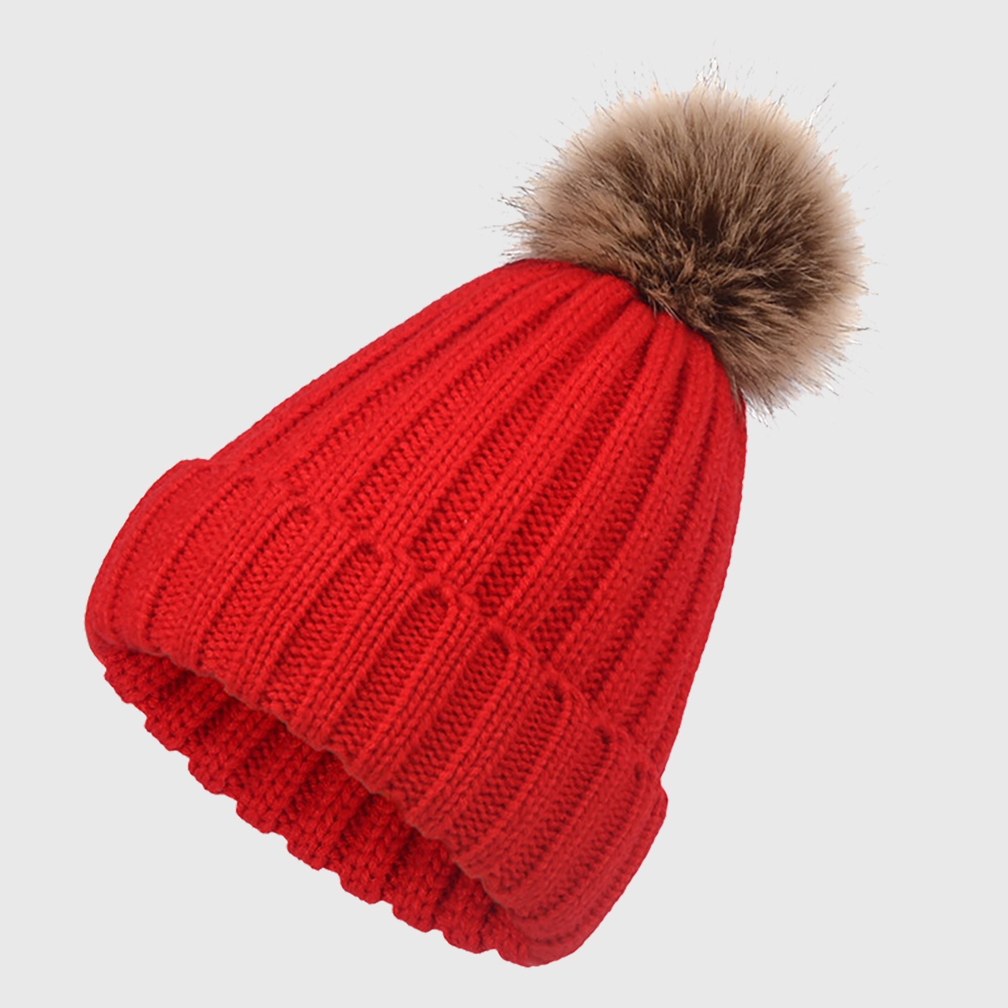 Anna-Kaci Women's Cable Knit Beanie with Faux Fur Pom-Pom - Warm Stretchy Winter Hat for Casual Daily Wear