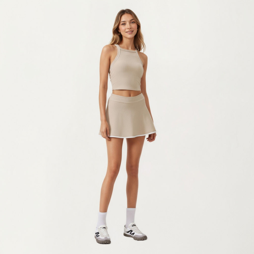 Anna-Kaci Active Women's High Neck Ribbed Cropped Tank Top with Contrast Piping Trim