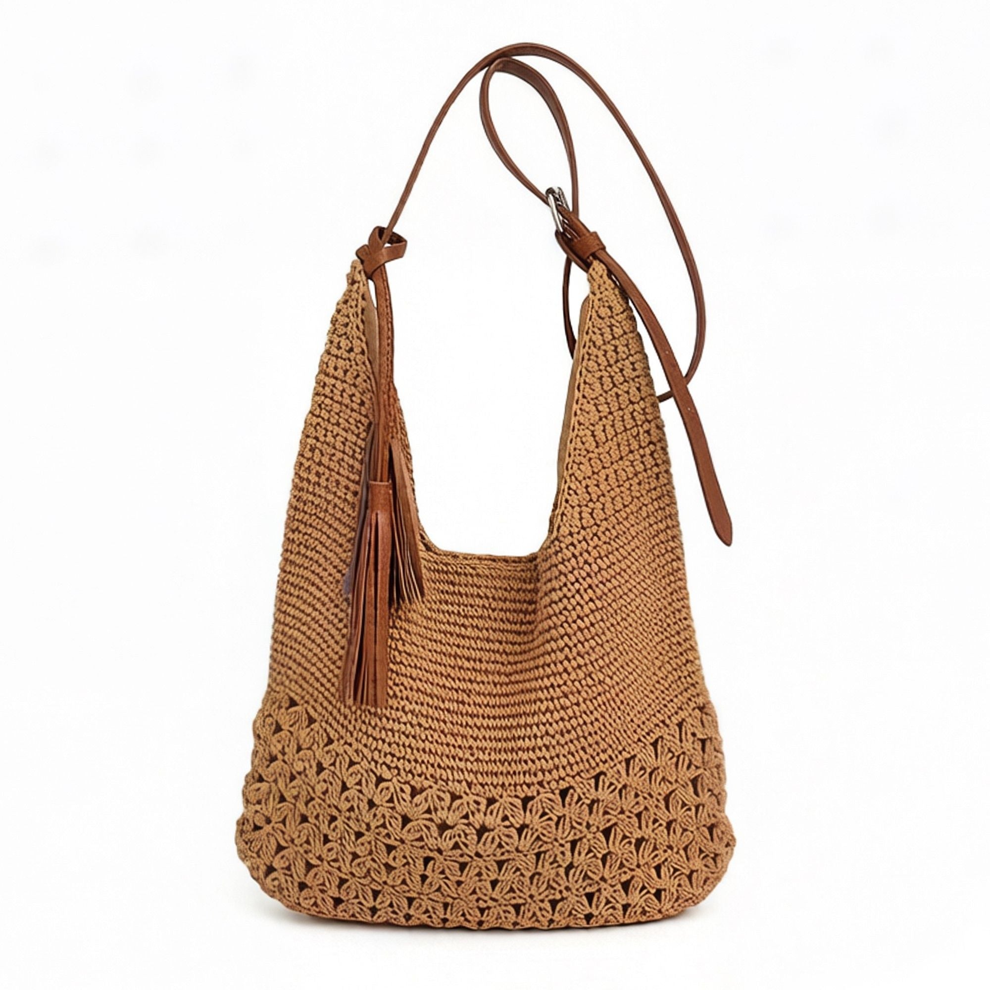 Crochet Hobo Shoulder Bag with Tassel Detail Adjustable Strap Slouchy Knit Handbag Lightweight Casual Tote