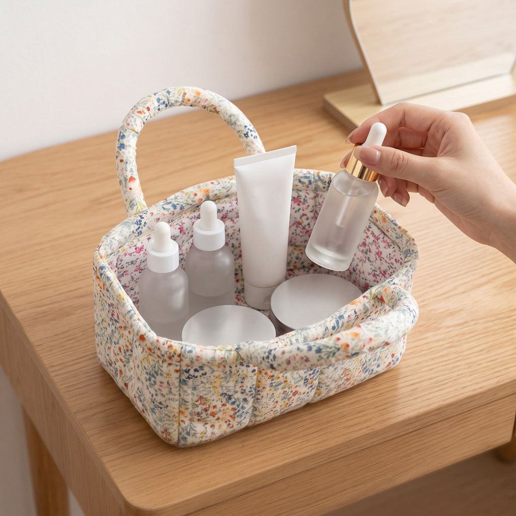 Quilted Floral Storage Basket with Handles for Home Organization