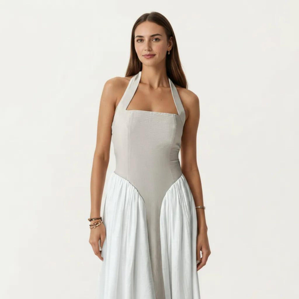 Anna-Kaci Women's Color Block Halter Neck Smocked Back Maxi Dress