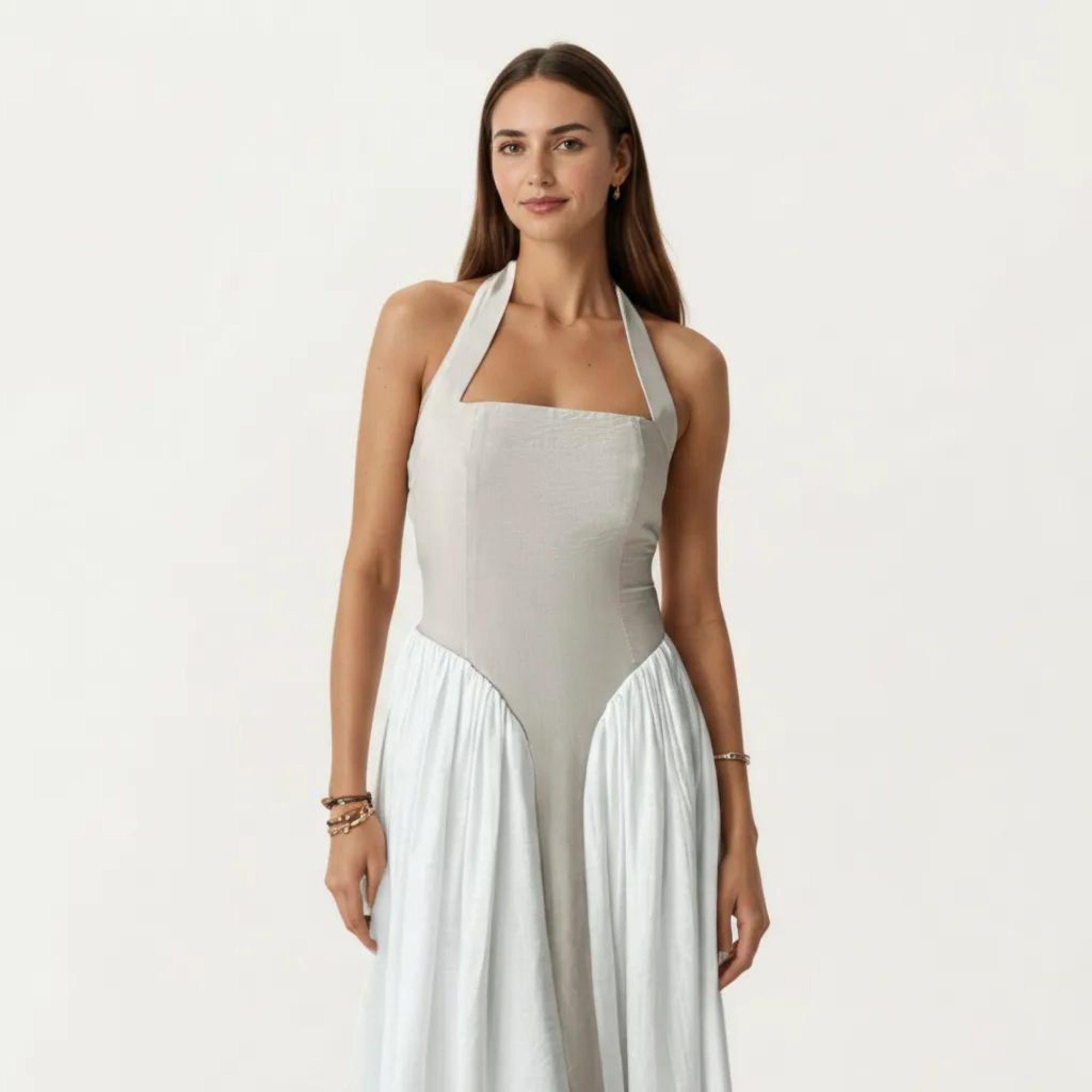 Anna-Kaci Women's Color Block Halter Neck Smocked Back Maxi Dress