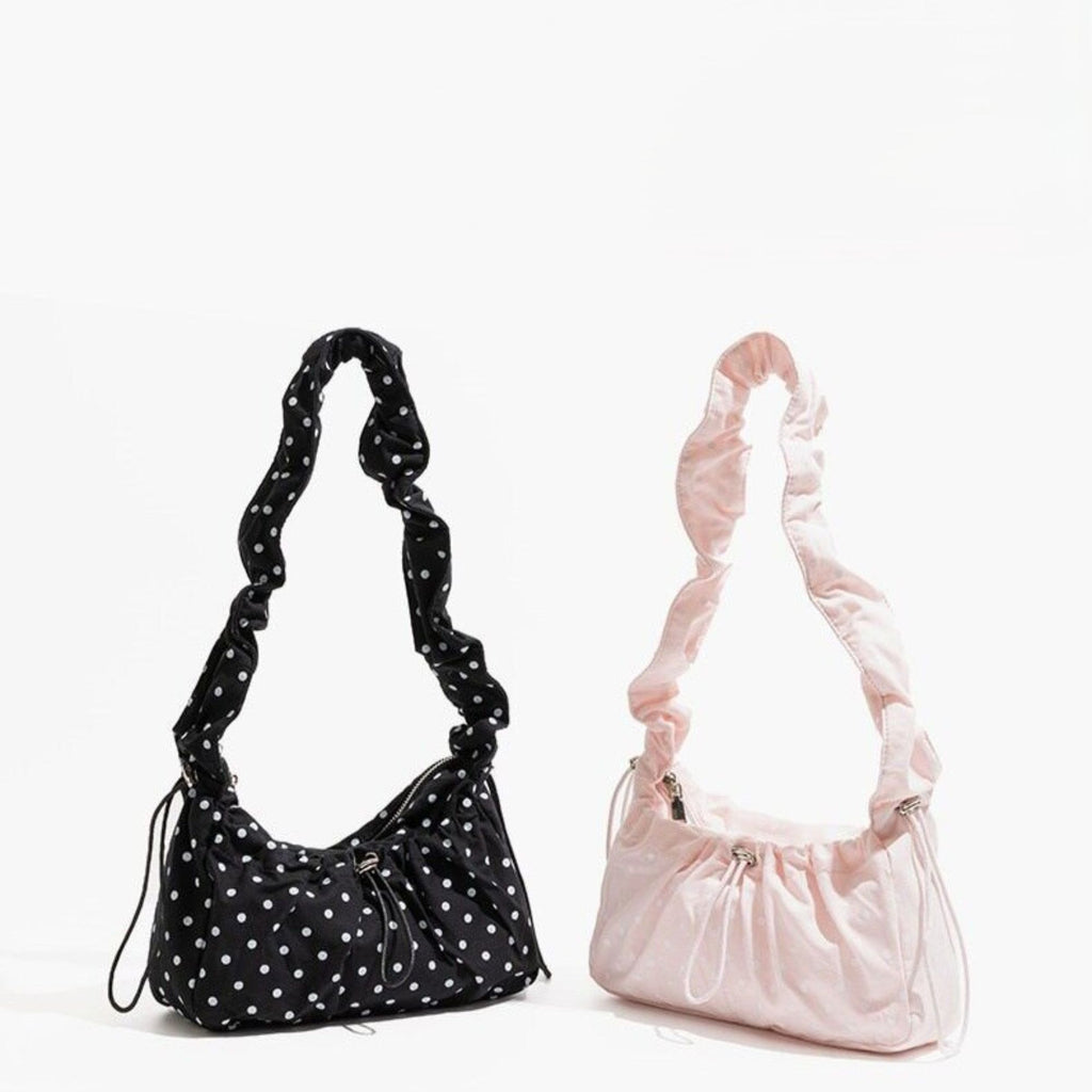 Polka Dot Cloud Shoulder Bag Ruched Drawstring Underarm Purse Sweet Ruffled Hobo Handbag