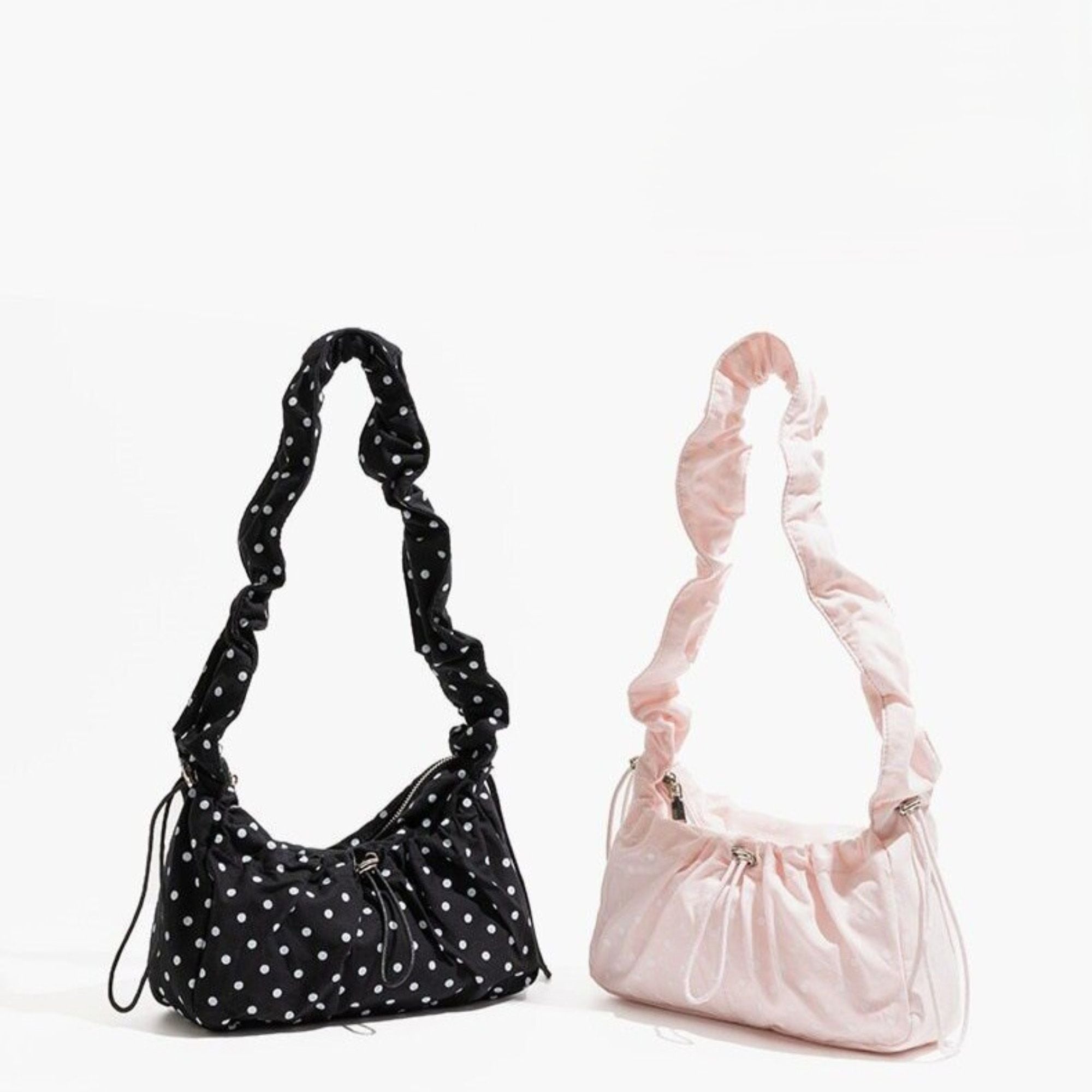 Polka Dot Cloud Shoulder Bag Ruched Drawstring Underarm Purse Sweet Ruffled Hobo Handbag