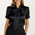 Anna-Kaci Women's Satin Bow Neck Blouse with Short Sleeves and Smooth Draped Finish