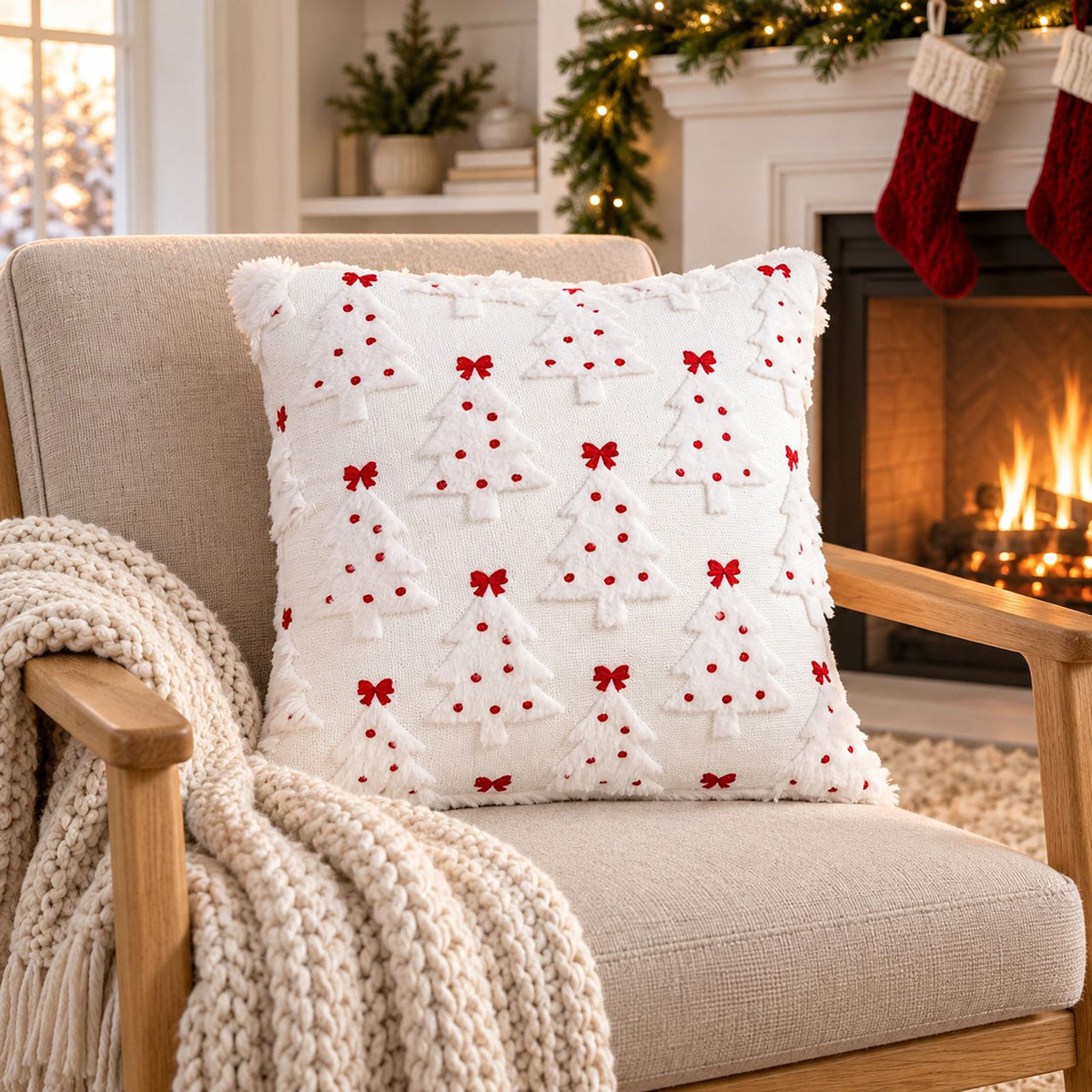 Christmas Tree Bow Tufted Decorative Throw Pillow Cover
