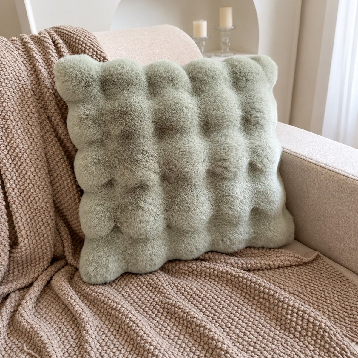 Double Sided Plush Faux Fur Throw Pillow Cover 18 x 18 Inch Bubble Texture