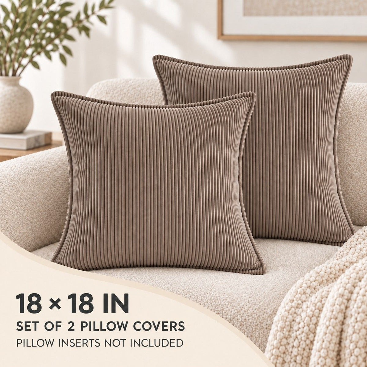 2 Pack Soft Ribbed Corduroy Throw Pillow Covers 18 x 18 Inch Solid Color