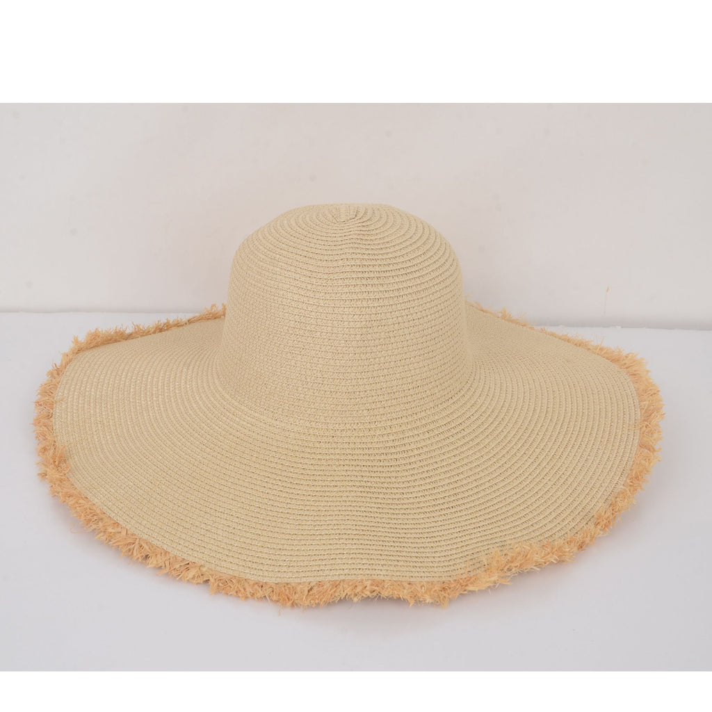 Anna-Kaci Wide Brim Straw Floppy Hat with Frayed Edges Lightweight Sun Protection for Beach Vacation Outdoor Travel Style