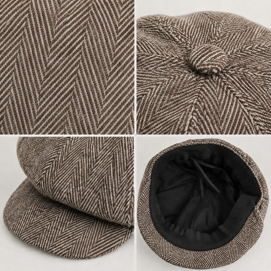 Herringbone Tweed Newsboy Cap Vintage Baker Boy Hat Adjustable