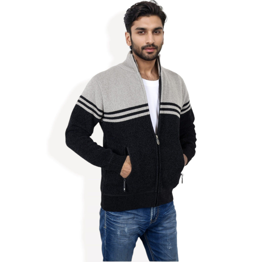 Anna-Kaci Men's Zip-Up Striped Fleece Jacket with High Collar and Front Pockets