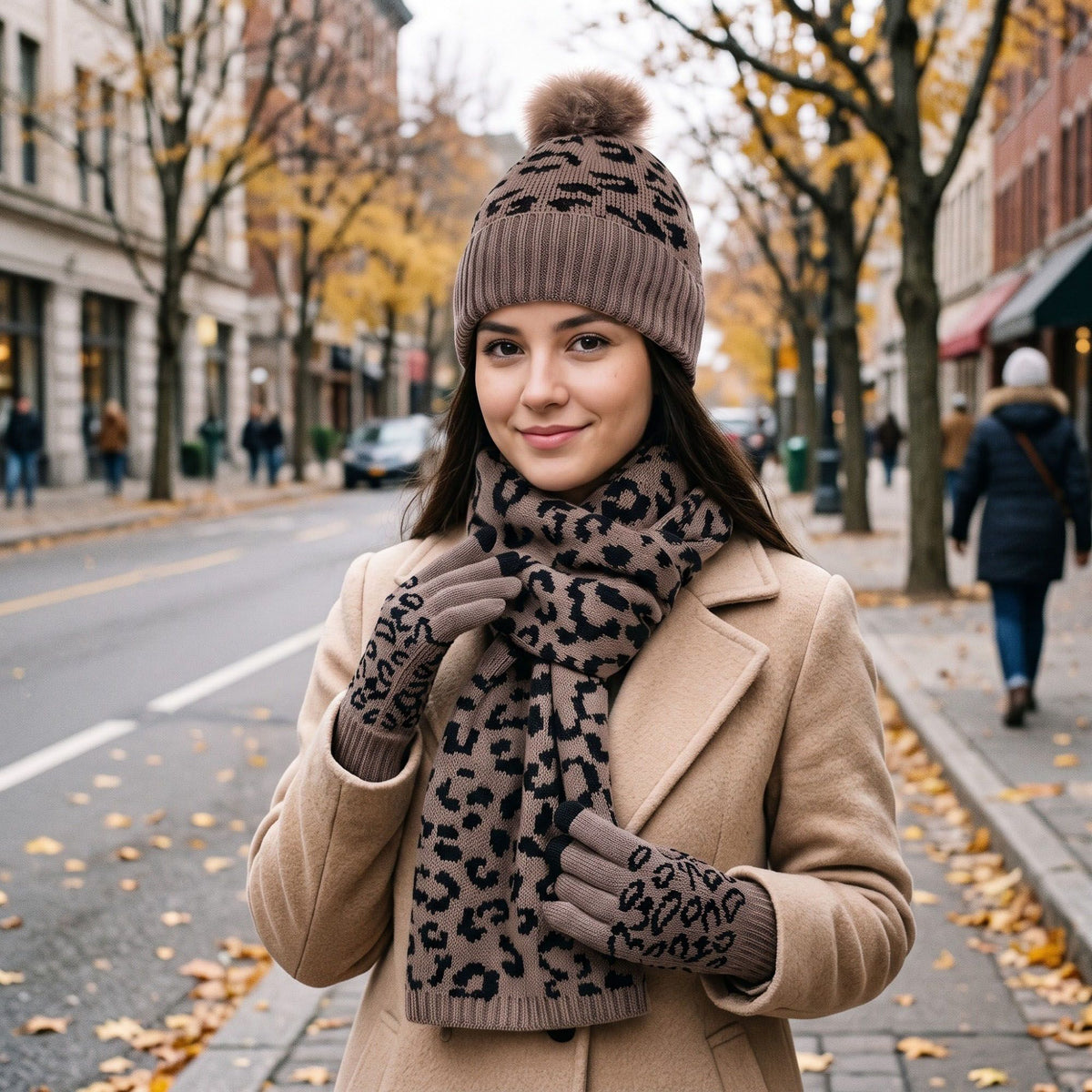 3 Piece Leopard Print Pom Beanie Scarf and Touchscreen Gloves Set