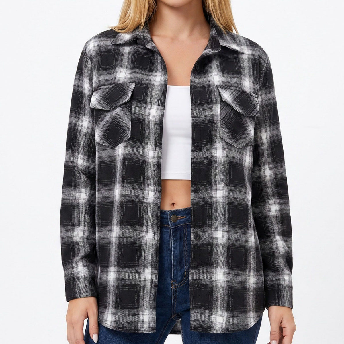 Plaid Button Front Long Sleeve Shirt with Flap Chest Pockets