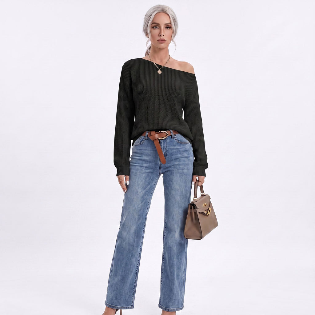 Oversized Off Shoulder Long Sleeve Knit Pullover Sweater
