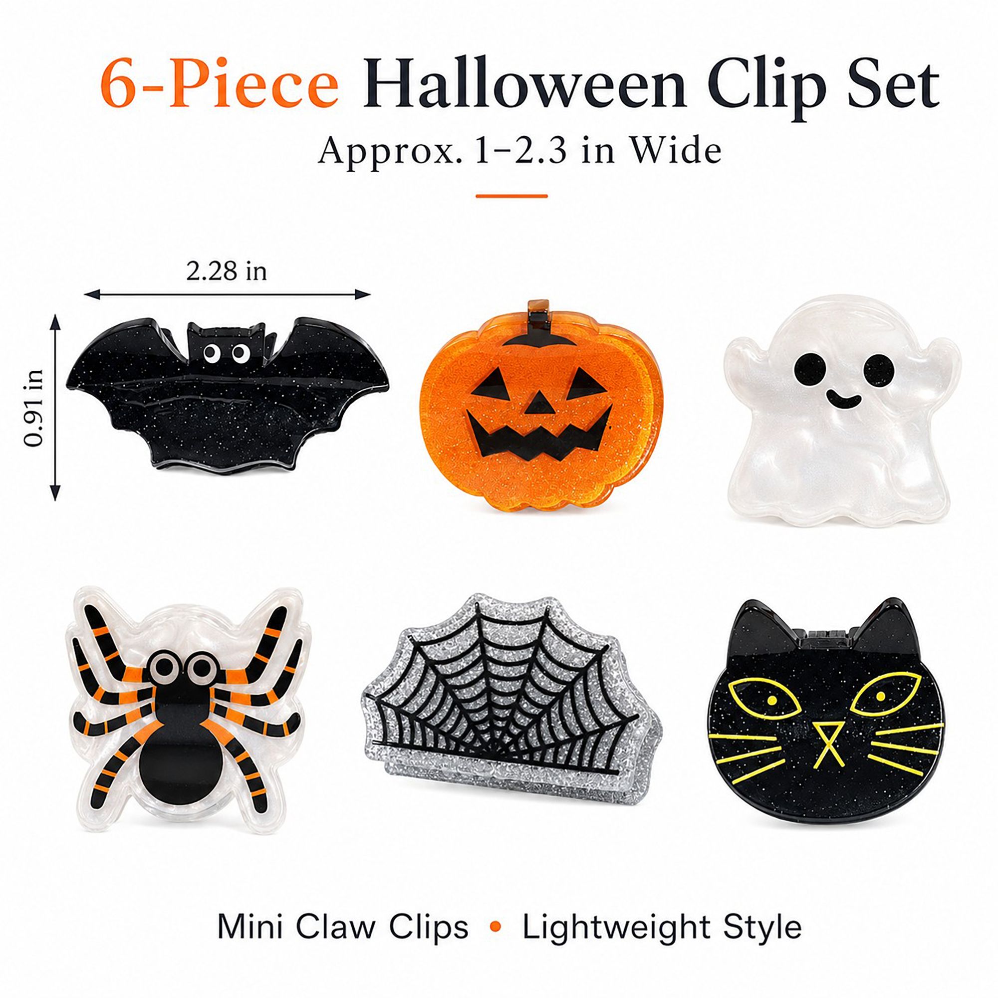 6pc Halloween Hair Clip Set with Pumpkin Ghost Bat and Spider Designs