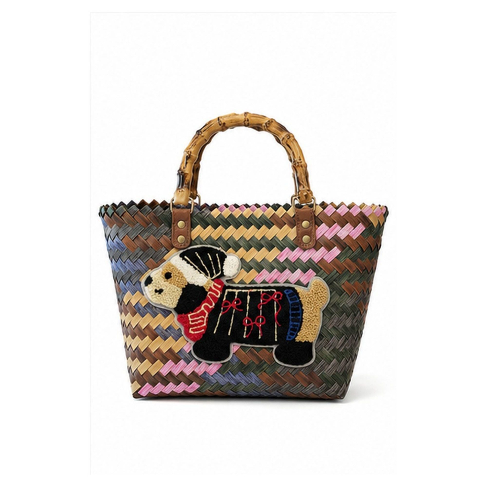 Woven Bamboo Handle Tote Handbag with Whimsical Dachshund Applique, Structured Shape and Roomy Interior