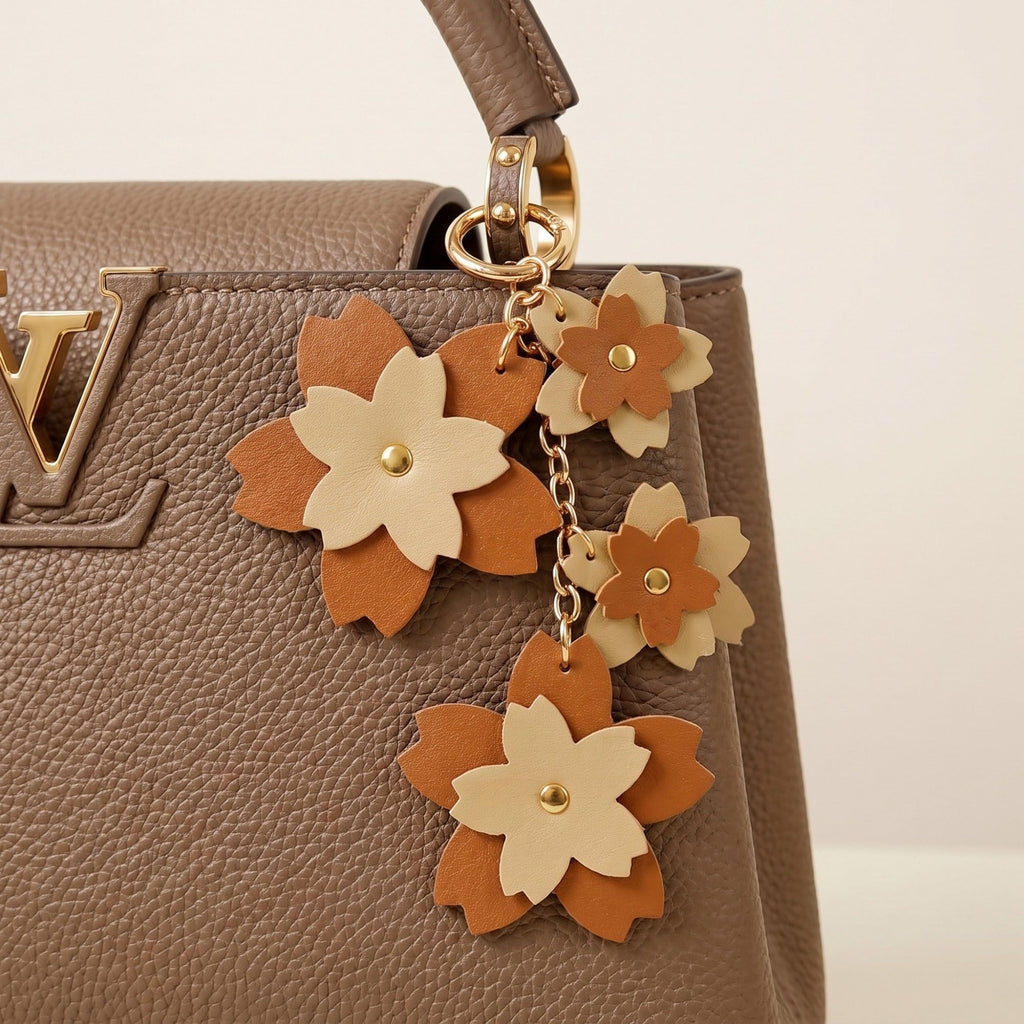 Cherry Blossom Bag Charm with Gold Tone Chain and Clip