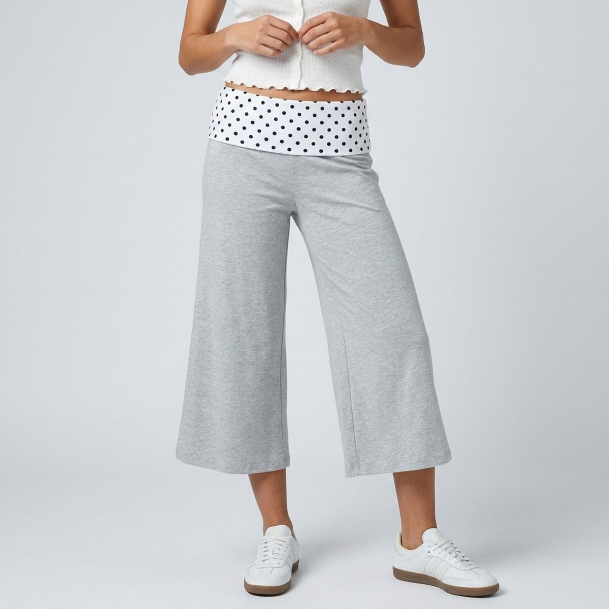 Polka Dot Contrast Waistband Cropped Wide-Leg Trousers
