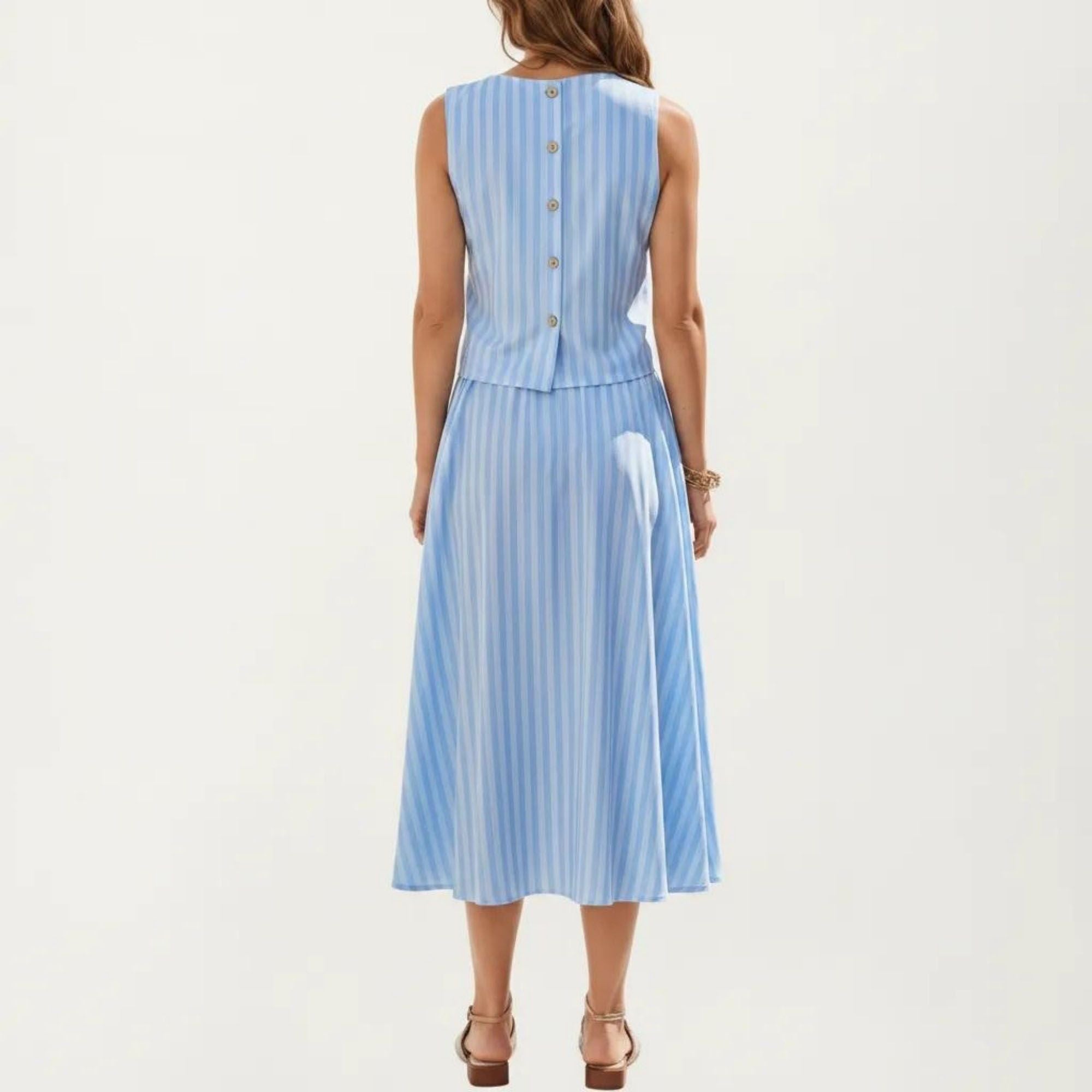 Anna-Kaci Women's Sleeveless Striped Two Piece Set Crop Top and Midi Skirt with Back Button Detail Flowy High Waist Set