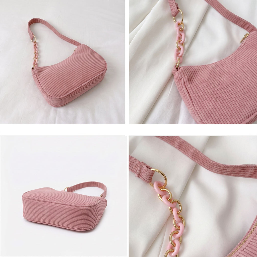 Small Corduroy Shoulder Bag with Mixed Chain Strap and Zip Closure