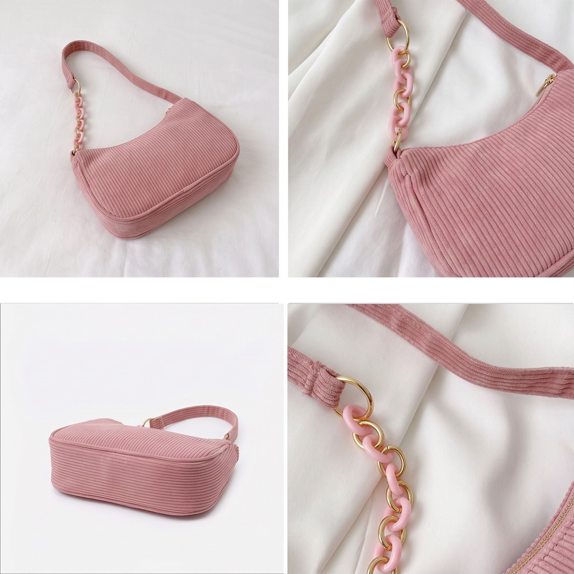 Small Corduroy Shoulder Bag with Mixed Chain Strap and Zip Closure