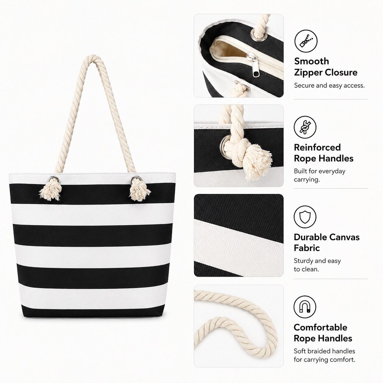 Striped Canvas Beach Tote Bag with Zip Closure and Rope Shoulder Handles